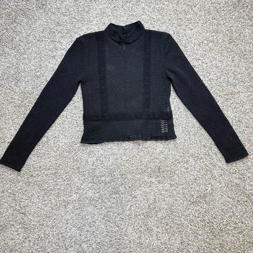 Zara Women's S Black Pointelle Lace Mock Neck Long Sleeve Knit Top Blouse Turkey